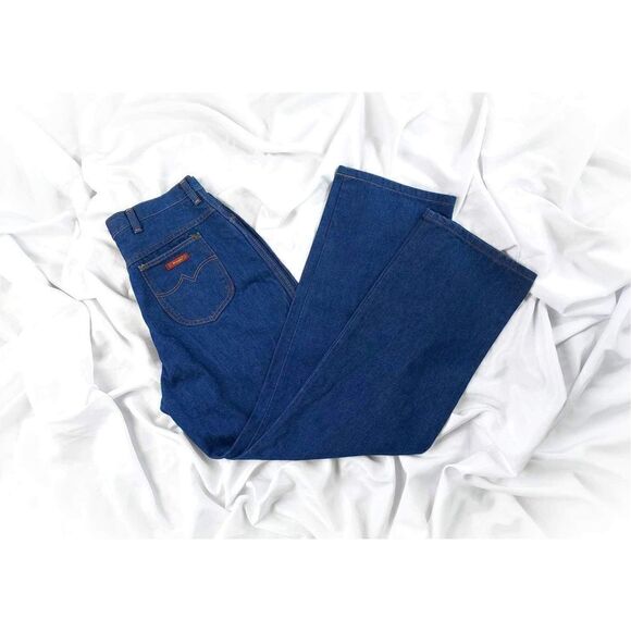 1970s WRANGLER Cowgirl Rockabilly Country Western Hippie Dark Blue Jeans Sz 18 - Picture 1 of 13
